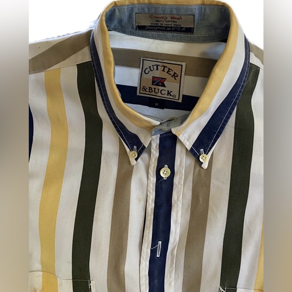 CUTTER & BUCK Mens Shirt Heavy Soft Twill  yellow navy khaki VGood Condition M/L - Picture 6 of 7